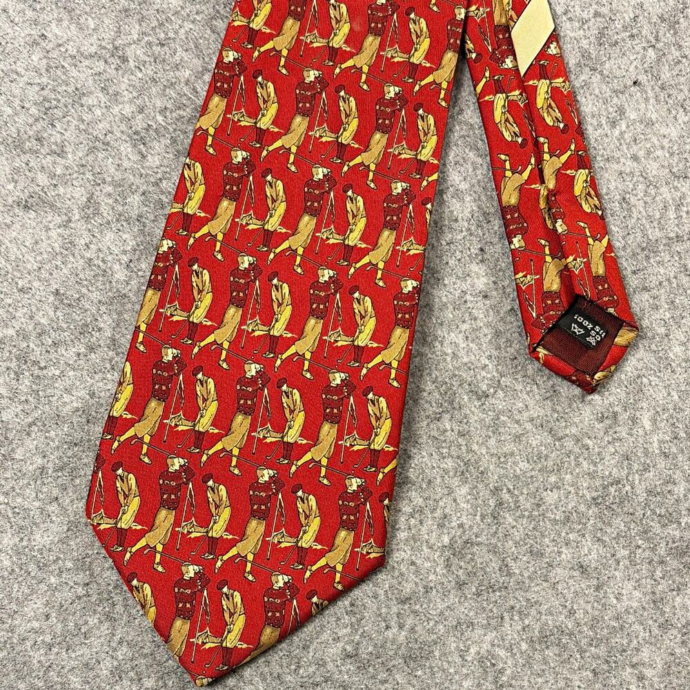 Salvatore Ferragamo Men's Woven Silk Tie Red Tan Gold Golfer Novelty Logo Italy